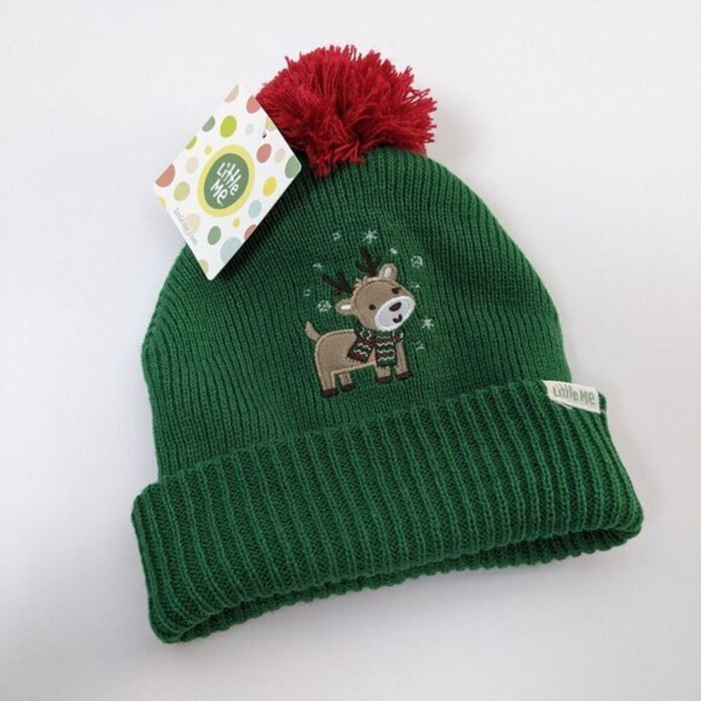 Little Me Reindeer Knit Beanie Hat 12–24M Green Red Pom Christmas Winter Hat